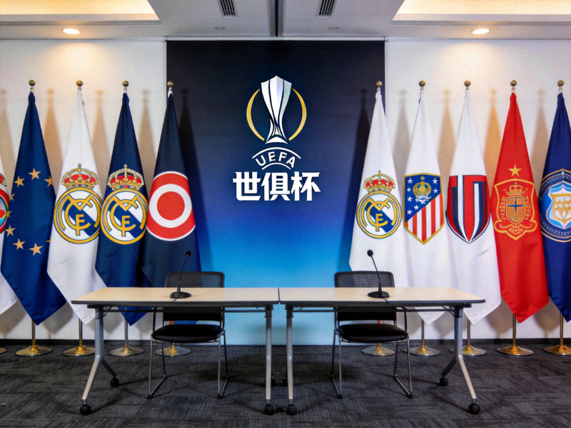 世俱杯官方新闻发布会现场，背景板印有赛事标识与参赛俱乐部旗帜