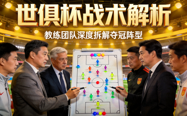 世俱杯战术解析节目封面，演播室内教练团队在战术板上推演阵型